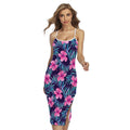 Teal Tropical Hibiscus Pattern Print Cross Back Cami Dress