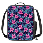 Teal Tropical Hibiscus Pattern Print Crossbody Lunch Bag