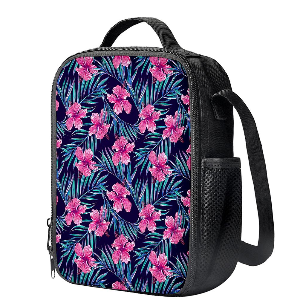 Teal Tropical Hibiscus Pattern Print Crossbody Lunch Bag