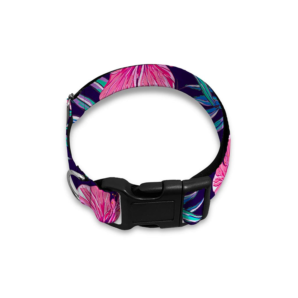 Teal Tropical Hibiscus Pattern Print Dog Collar