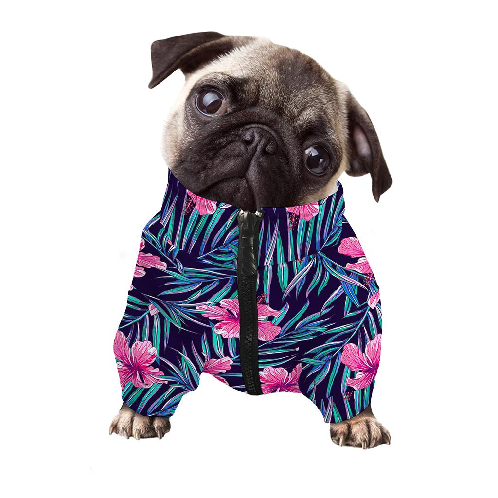 Teal Tropical Hibiscus Pattern Print Dog Zip Up Jacket
