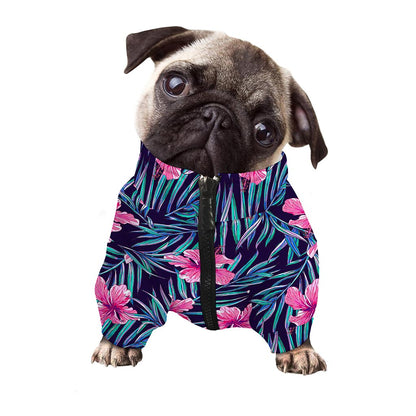 Teal Tropical Hibiscus Pattern Print Dog Zip Up Jacket