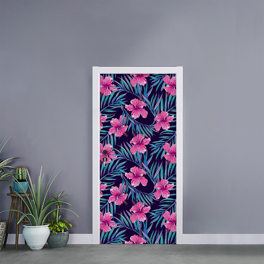 Teal Tropical Hibiscus Pattern Print Door Sticker