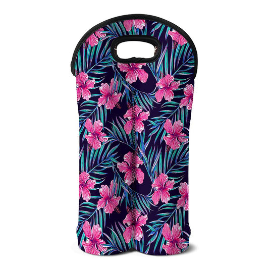 Teal Tropical Hibiscus Pattern Print Double Neoprene Wine Tote