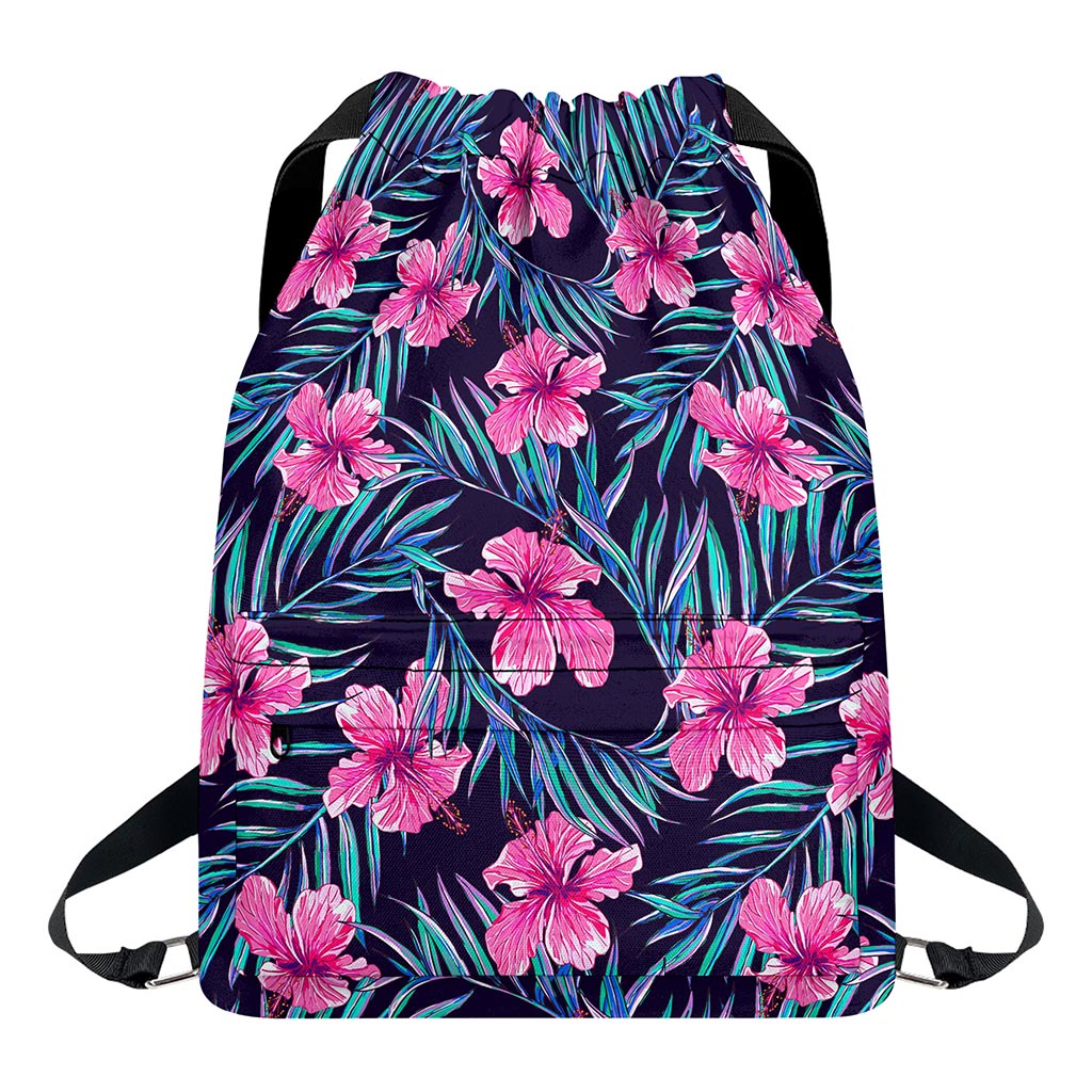 Teal Tropical Hibiscus Pattern Print Drawstring Backpack