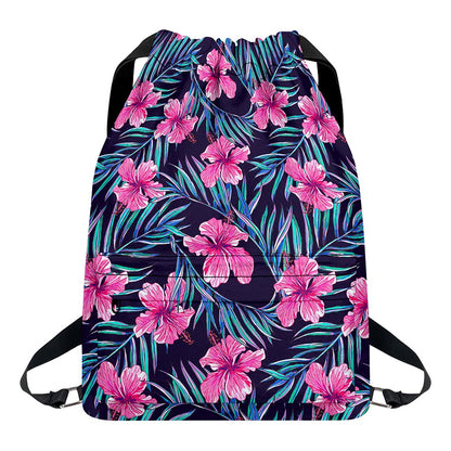 Teal Tropical Hibiscus Pattern Print Drawstring Backpack