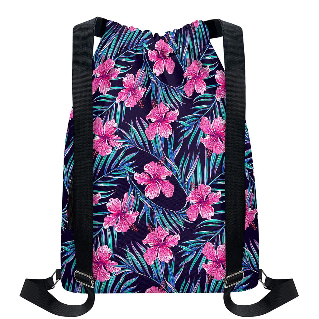 Teal Tropical Hibiscus Pattern Print Drawstring Backpack