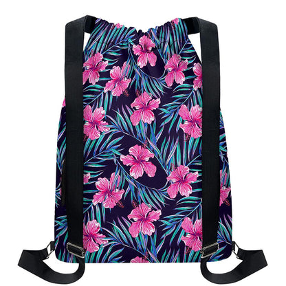 Teal Tropical Hibiscus Pattern Print Drawstring Backpack