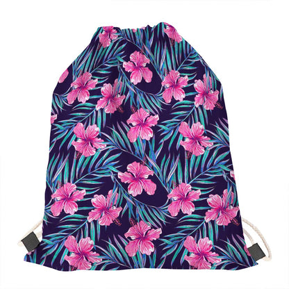Teal Tropical Hibiscus Pattern Print Drawstring Bag