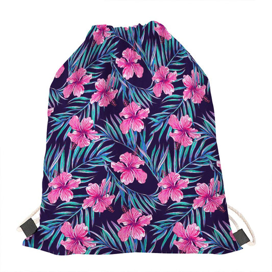 Teal Tropical Hibiscus Pattern Print Drawstring Bag