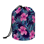 Teal Tropical Hibiscus Pattern Print Drawstring Makeup Bag