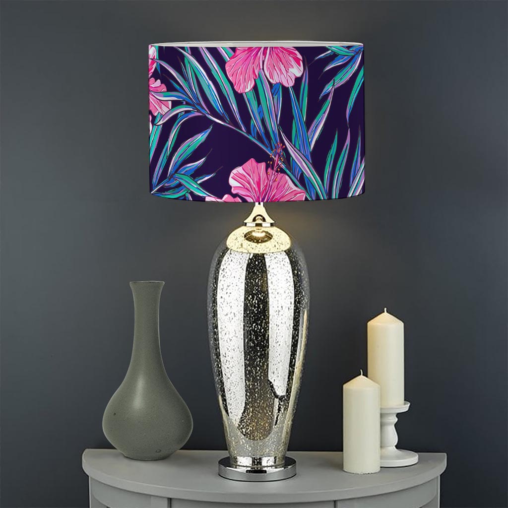 Teal Tropical Hibiscus Pattern Print Drum Lamp Shade