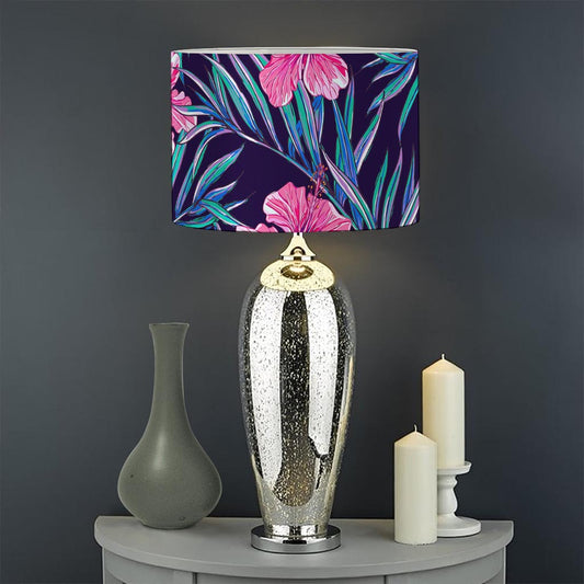 Teal Tropical Hibiscus Pattern Print Drum Lamp Shade