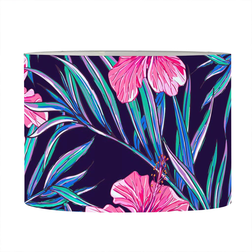 Teal Tropical Hibiscus Pattern Print Drum Lamp Shade