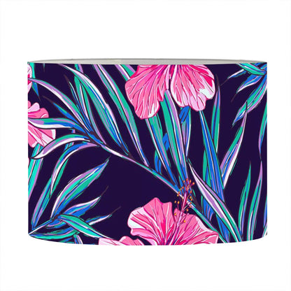 Teal Tropical Hibiscus Pattern Print Drum Lamp Shade