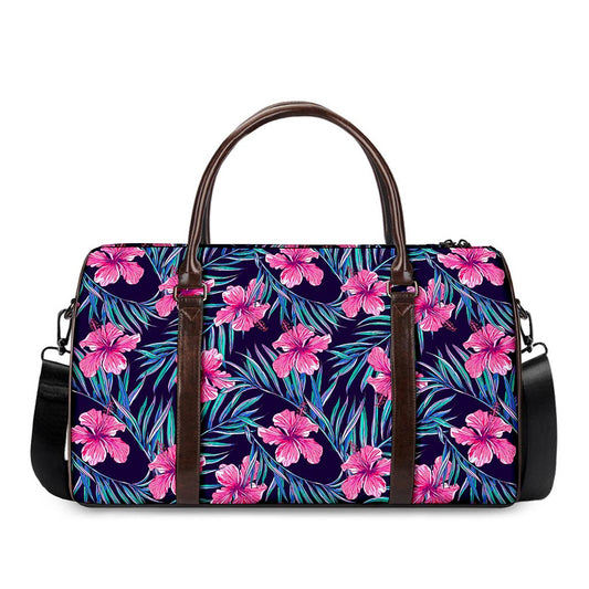 Teal Tropical Hibiscus Pattern Print Duffle Bag