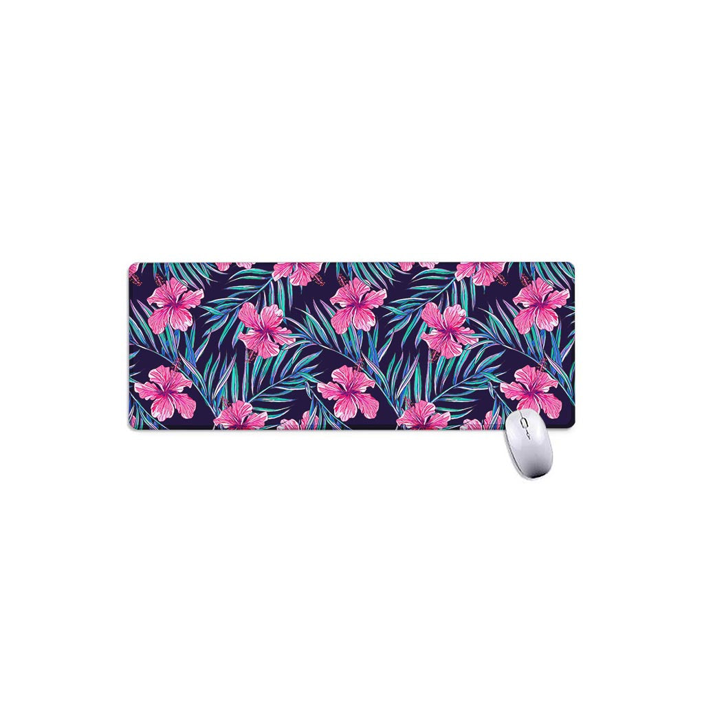 Teal Tropical Hibiscus Pattern Print Extended Mouse Pad