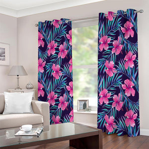 Teal Tropical Hibiscus Pattern Print Extra Wide Grommet Curtains