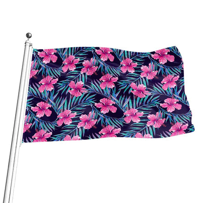 Teal Tropical Hibiscus Pattern Print Flag