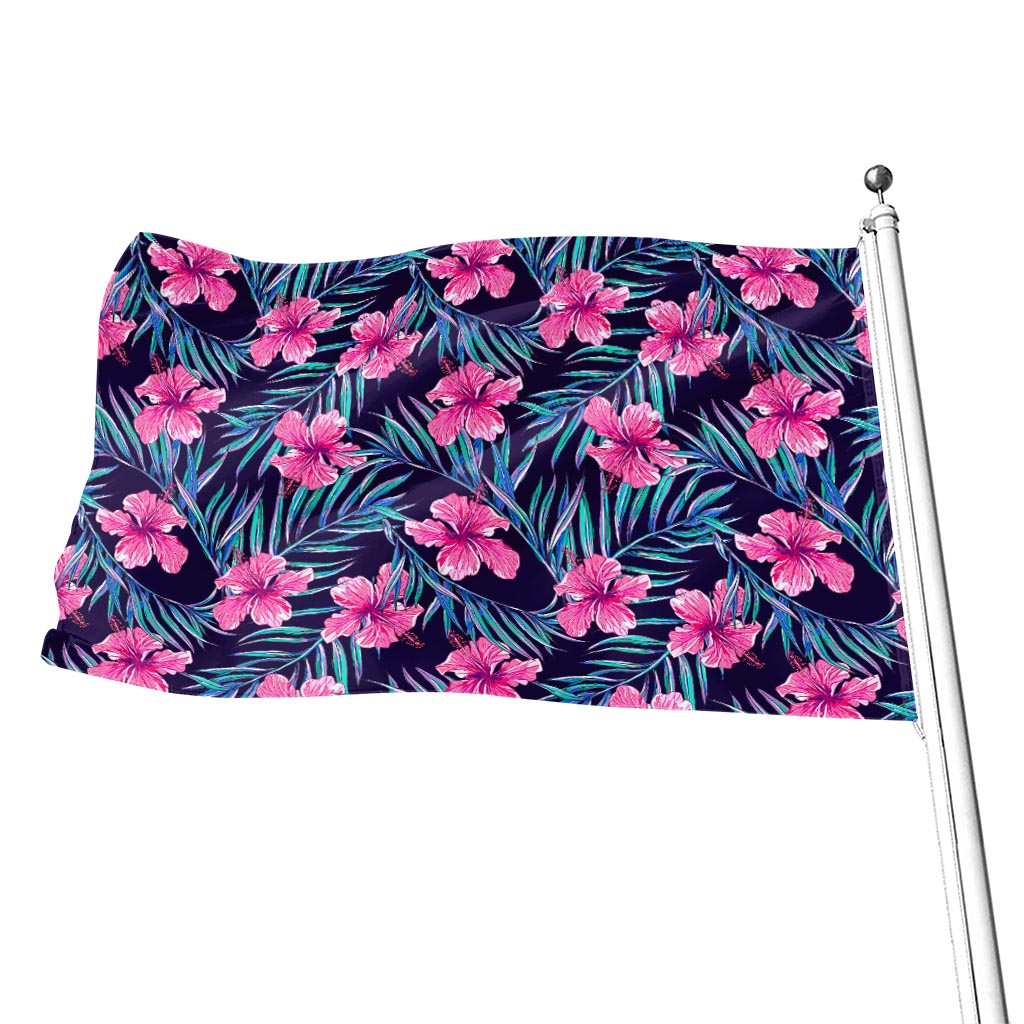 Teal Tropical Hibiscus Pattern Print Flag