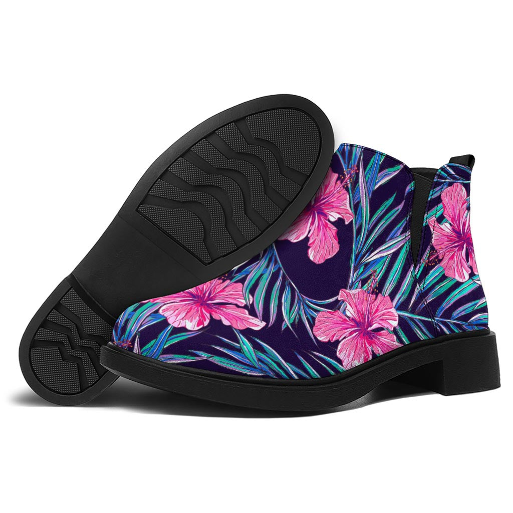 Teal Tropical Hibiscus Pattern Print Flat Ankle Boots