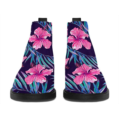 Teal Tropical Hibiscus Pattern Print Flat Ankle Boots