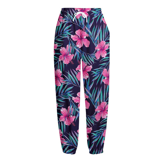 Teal Tropical Hibiscus Pattern Print Fleece Lined Knit Pants