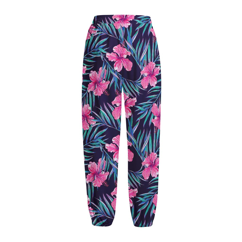 Teal Tropical Hibiscus Pattern Print Fleece Lined Knit Pants
