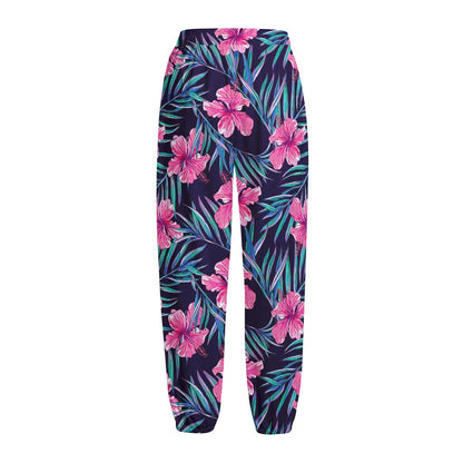 Teal Tropical Hibiscus Pattern Print Fleece Lined Knit Pants