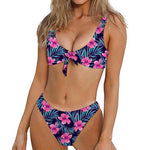 Teal Tropical Hibiscus Pattern Print Front Bow Tie Bikini