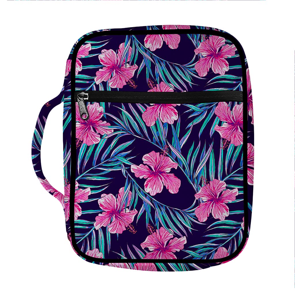 Teal Tropical Hibiscus Pattern Print Front Pocket Bible Bag