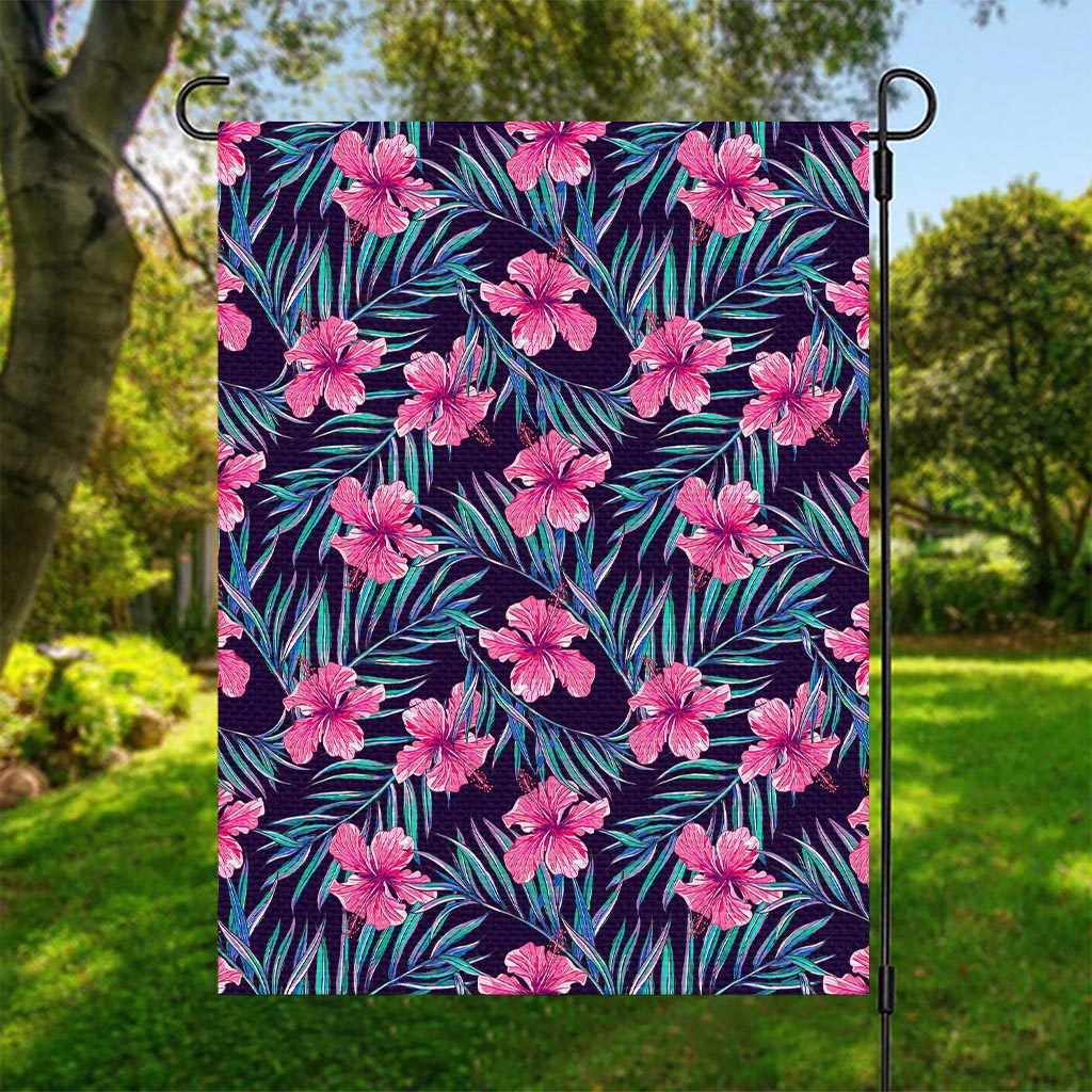 Teal Tropical Hibiscus Pattern Print Garden Flag
