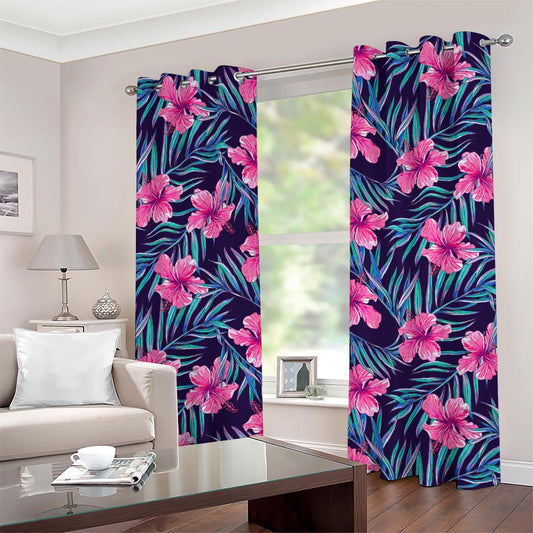 Teal Tropical Hibiscus Pattern Print Grommet Curtains