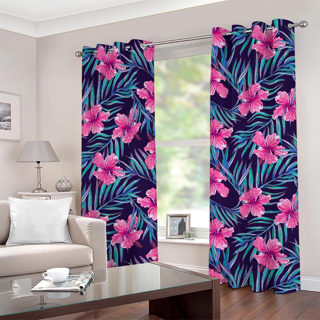 Teal Tropical Hibiscus Pattern Print Grommet Curtains