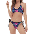 Teal Tropical Hibiscus Pattern Print Halter Scoop Tie Side Bikini