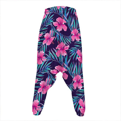 Teal Tropical Hibiscus Pattern Print Hammer Pants