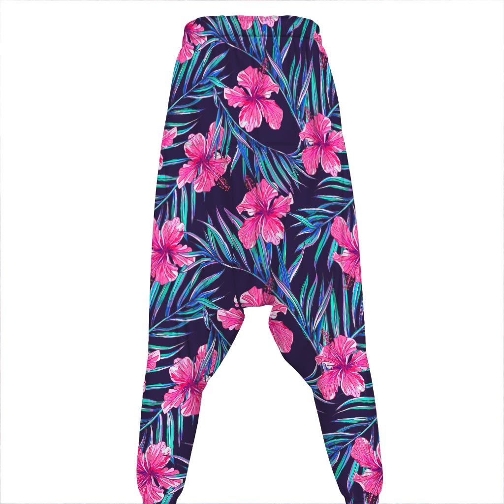 Teal Tropical Hibiscus Pattern Print Hammer Pants