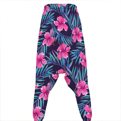 Teal Tropical Hibiscus Pattern Print Hammer Pants