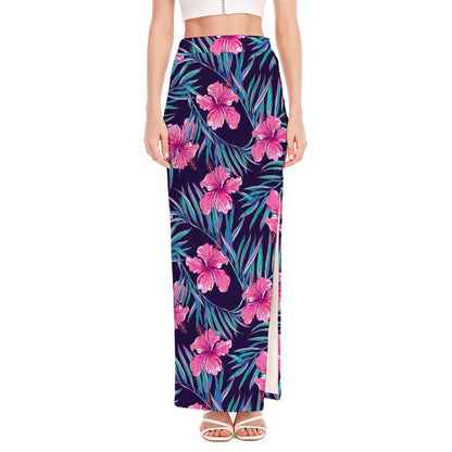 Teal Tropical Hibiscus Pattern Print High Slit Maxi Skirt