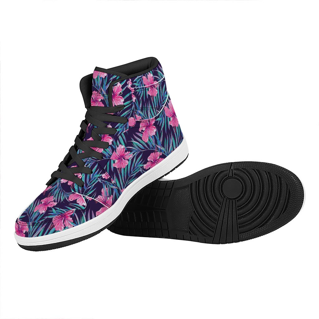 Teal Tropical Hibiscus Pattern Print High Top Leather Sneakers