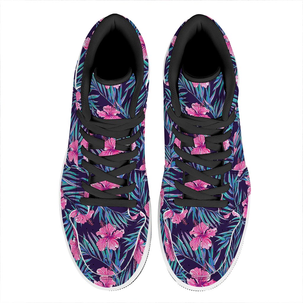 Teal Tropical Hibiscus Pattern Print High Top Leather Sneakers