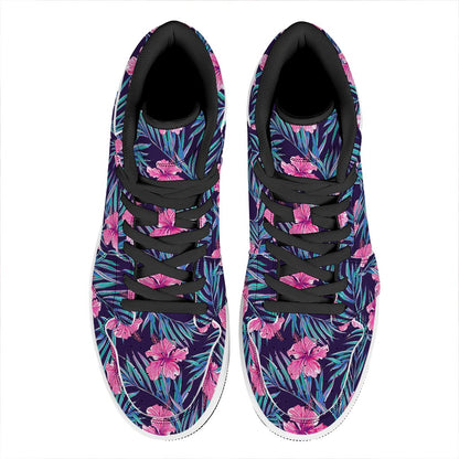 Teal Tropical Hibiscus Pattern Print High Top Leather Sneakers