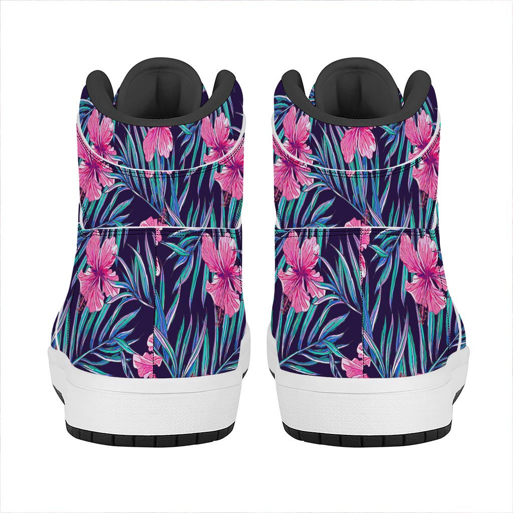 Teal Tropical Hibiscus Pattern Print High Top Leather Sneakers
