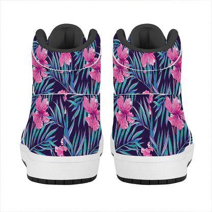 Teal Tropical Hibiscus Pattern Print High Top Leather Sneakers