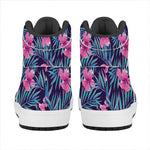 Teal Tropical Hibiscus Pattern Print High Top Leather Sneakers