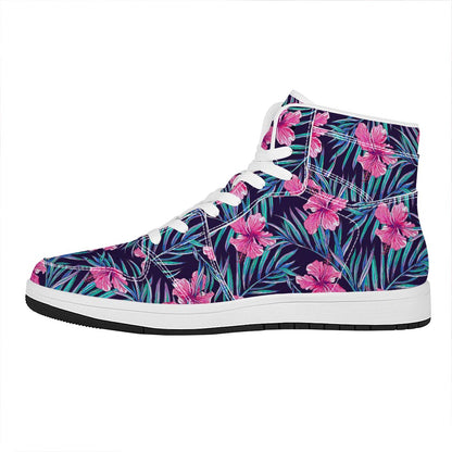 Teal Tropical Hibiscus Pattern Print High Top Leather Sneakers