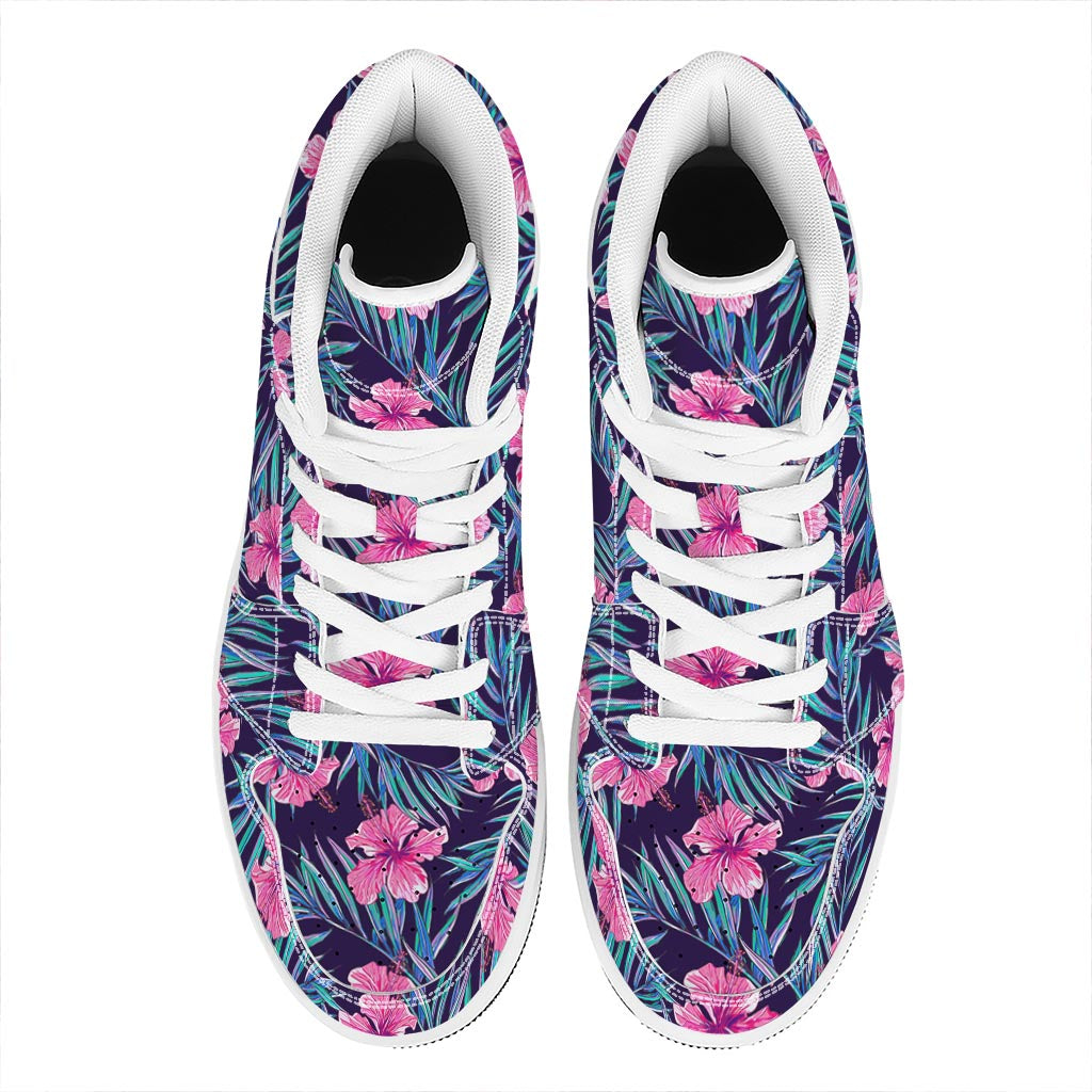 Teal Tropical Hibiscus Pattern Print High Top Leather Sneakers