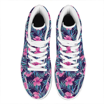 Teal Tropical Hibiscus Pattern Print High Top Leather Sneakers