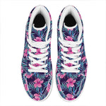 Teal Tropical Hibiscus Pattern Print High Top Leather Sneakers