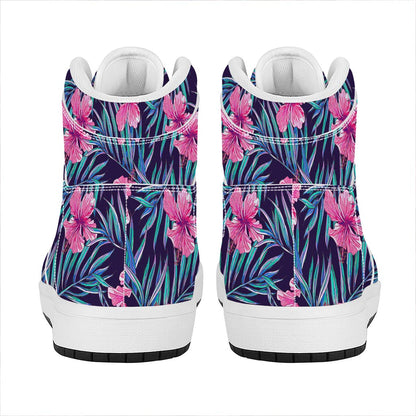 Teal Tropical Hibiscus Pattern Print High Top Leather Sneakers